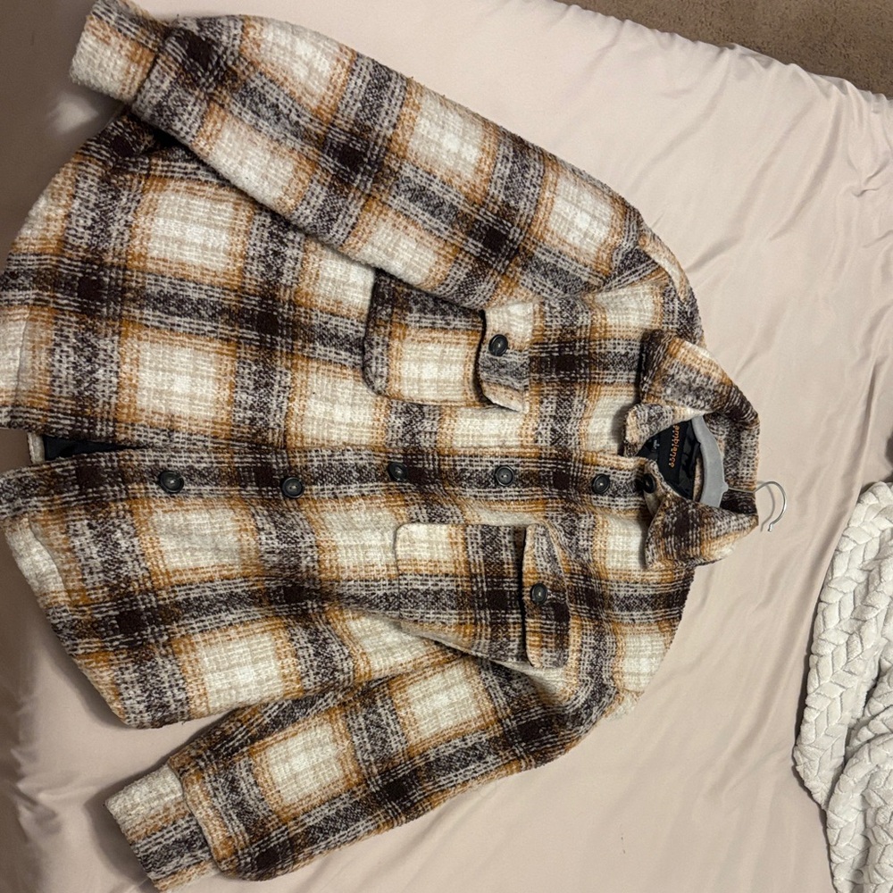Ambiance Plaid Utility Jacket in Brown and Cream